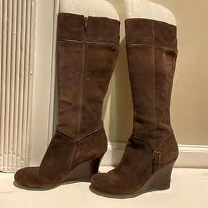 Man-made, suede dark brown wedge boots.